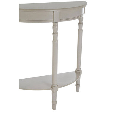 Grey Putty Wooden Half Moon Console Table with Open Lower Shelf and Carved Spindle Legs | Heritage
