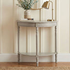 Grey Putty Wooden Half Moon Console Table with Open Lower Shelf and Carved Spindle Legs | Heritage