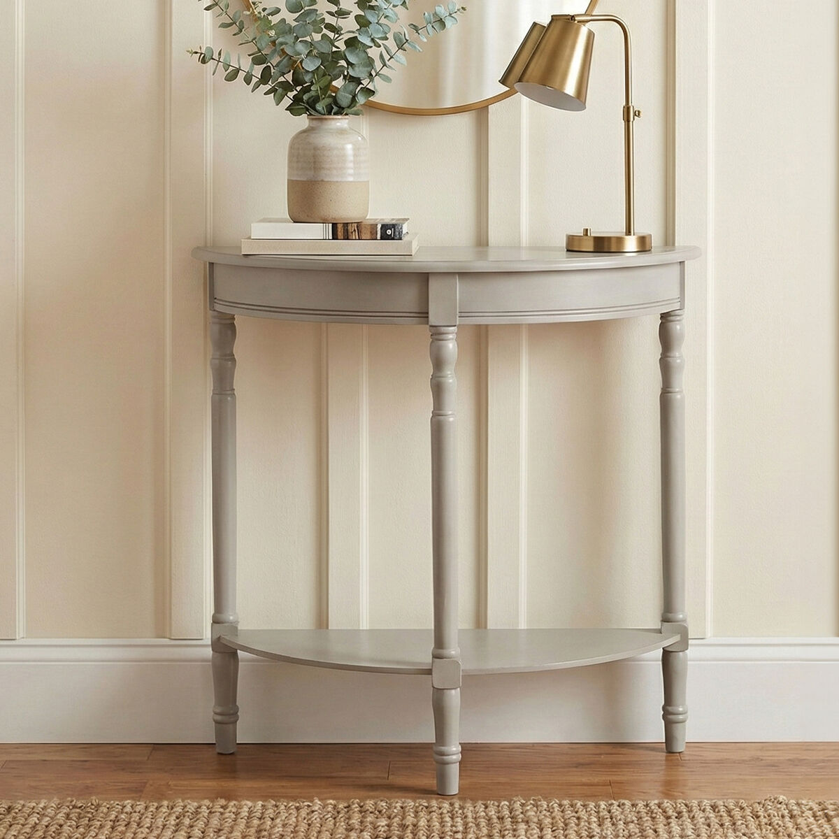 Grey Putty Wooden Half Moon Console Table with Open Lower Shelf and Carved Spindle Legs | Heritage