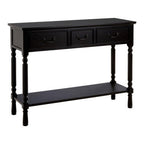 Vintage Black Wooden Three-Drawer Console Table with Bottom Storage Shelf and Carved Spindle Legs, Heritage