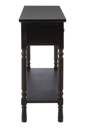 Vintage Black Wooden Three-Drawer Console Table with Bottom Storage Shelf and Carved Spindle Legs, Heritage