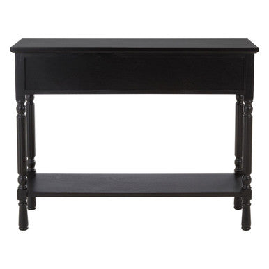 Vintage Black Wooden Three-Drawer Console Table with Bottom Storage Shelf and Carved Spindle Legs, Heritage