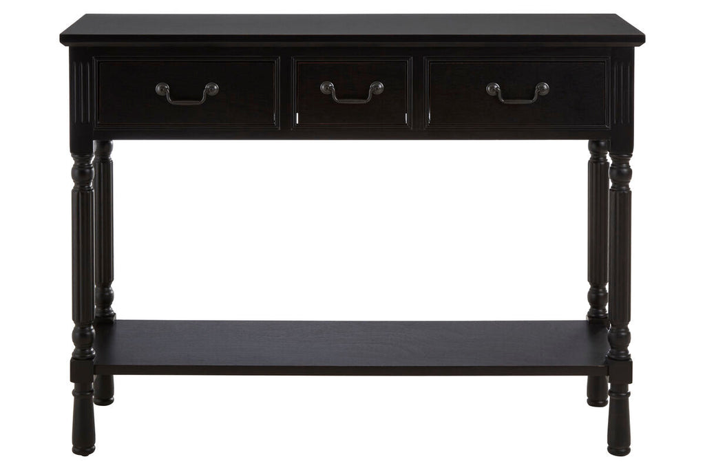 Vintage Black Wooden Three-Drawer Console Table with Bottom Storage Shelf and Carved Spindle Legs, Heritage