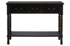 Vintage Black Wooden Three-Drawer Console Table with Bottom Storage Shelf and Carved Spindle Legs, Heritage