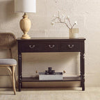 Vintage Black Wooden Three-Drawer Console Table with Bottom Storage Shelf and Carved Spindle Legs, Heritage