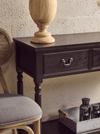 Vintage Black Wooden Three-Drawer Console Table with Bottom Storage Shelf and Carved Spindle Legs, Heritage
