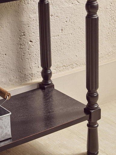 Vintage Black Wooden Three-Drawer Console Table with Bottom Storage Shelf and Carved Spindle Legs, Heritage