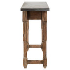 Grey Metal Top Console Table with Natural Carved Wooden Legs | Elementary