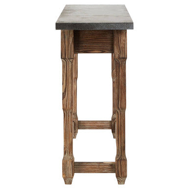 Grey Metal Top Console Table with Natural Carved Wooden Legs | Elementary