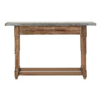 Grey Metal Top Console Table with Natural Carved Wooden Legs | Elementary