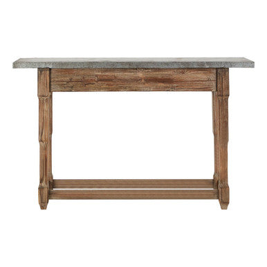 Grey Metal Top Console Table with Natural Carved Wooden Legs | Elementary
