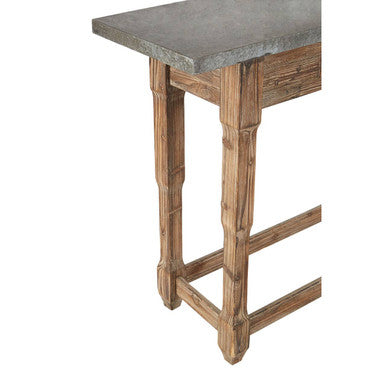 Grey Metal Top Console Table with Natural Carved Wooden Legs | Elementary