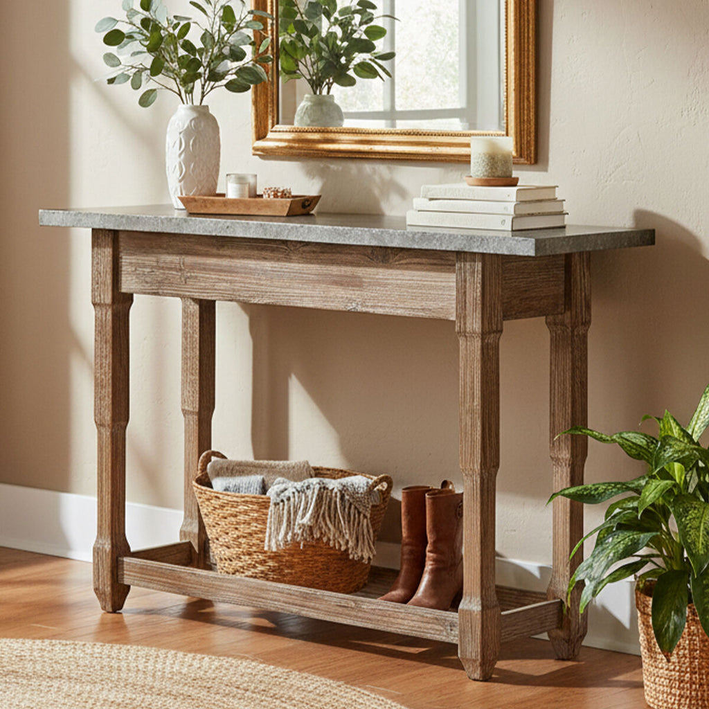 Grey Metal Top Console Table with Natural Carved Wooden Legs | Elementary