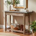 Grey Metal Top Console Table with Natural Carved Wooden Legs | Elementary