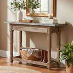 Grey Metal Top Console Table with Natural Carved Wooden Legs | Elementary