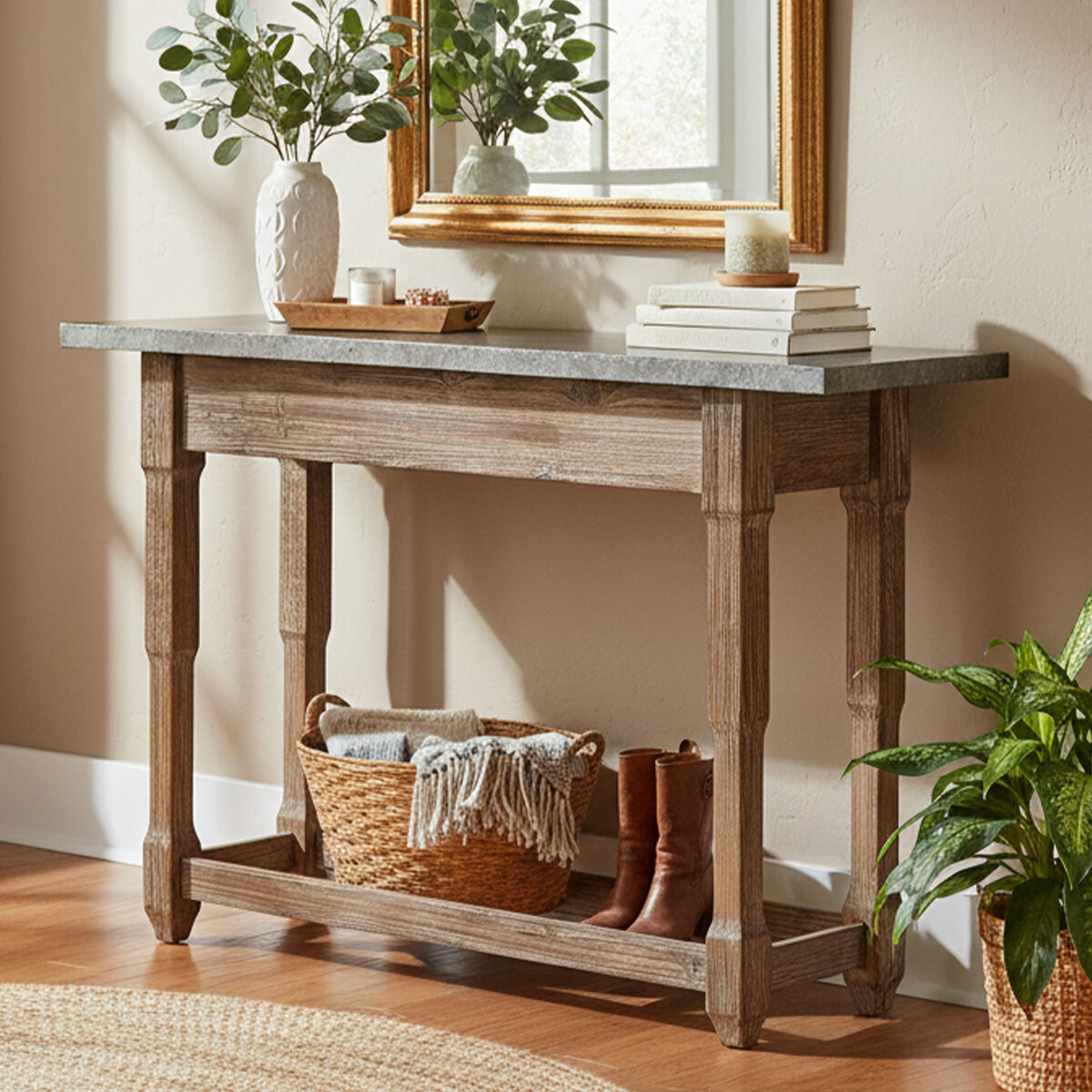 Grey Metal Top Console Table with Natural Carved Wooden Legs | Elementary