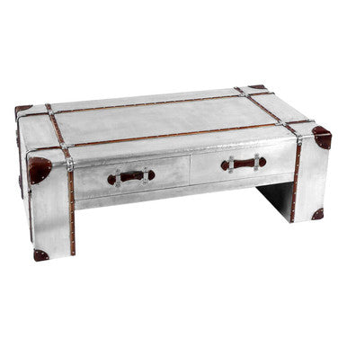 Silver Aluminium and Brown Faux Leather Finish Coffee Table with 2 Drawers | Avro