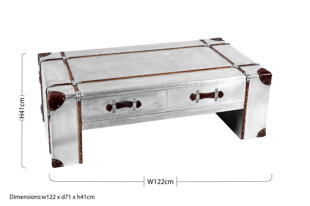 Silver Aluminium and Brown Faux Leather Finish Coffee Table with 2 Drawers | Avro