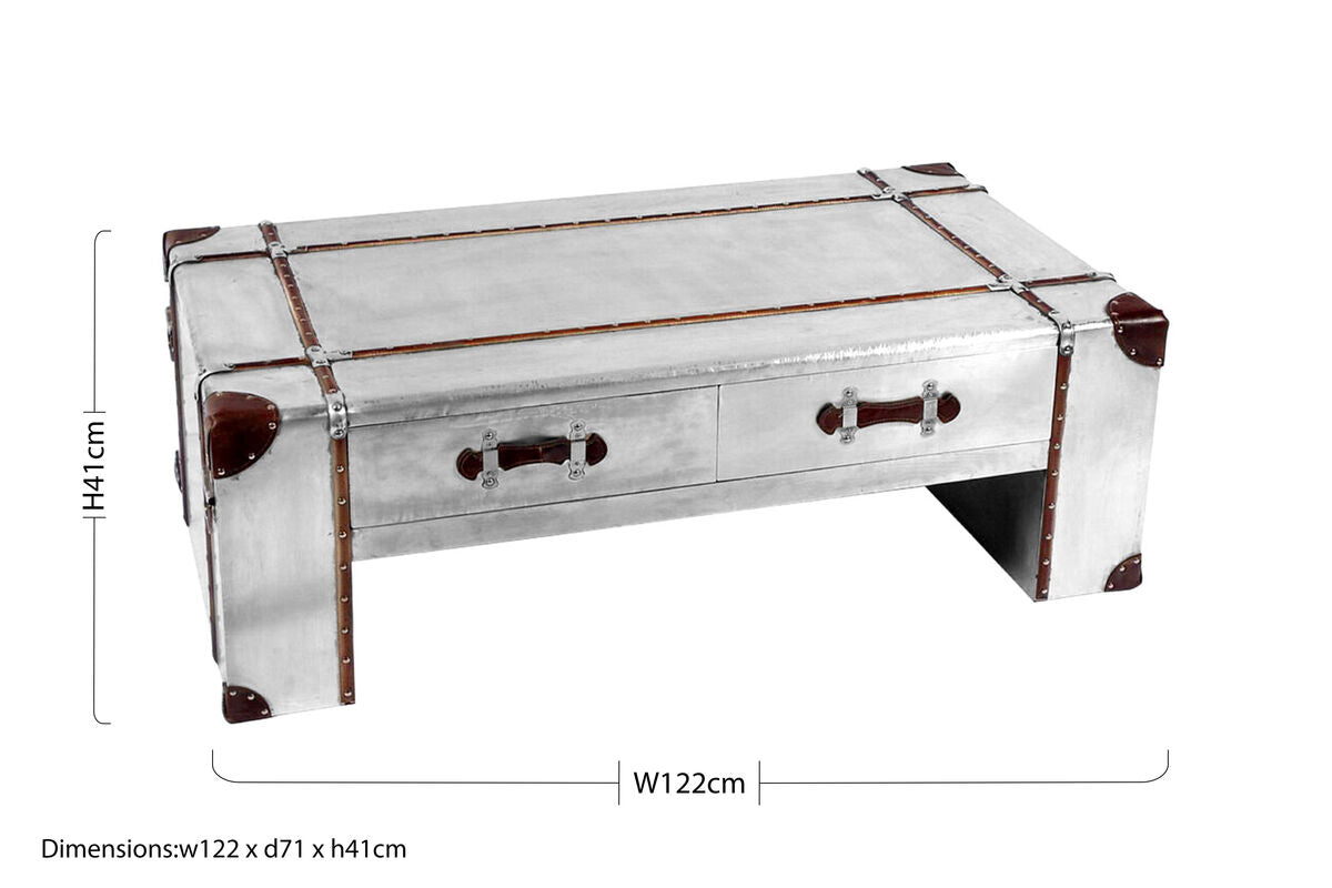 Silver Aluminium and Brown Faux Leather Finish Coffee Table with 2 Drawers | Avro