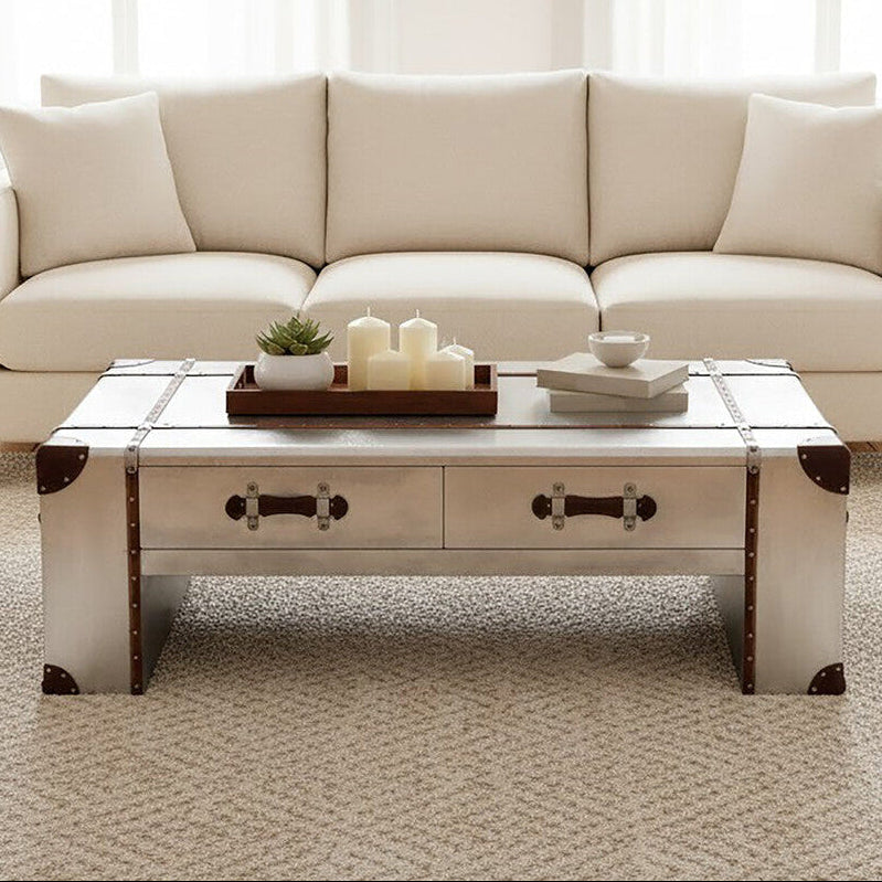 Silver Aluminium and Brown Faux Leather Finish Coffee Table with 2 Drawers | Avro