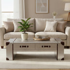 Silver Aluminium and Brown Faux Leather Finish Coffee Table with 2 Drawers | Avro