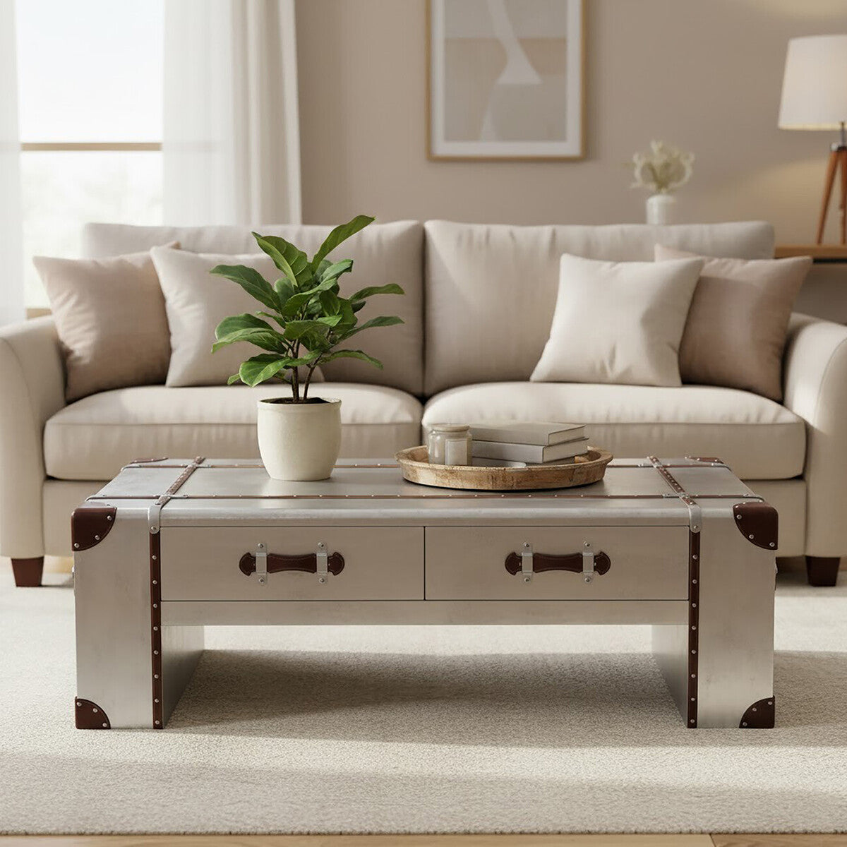 Silver Aluminium and Brown Faux Leather Finish Coffee Table with 2 Drawers | Avro