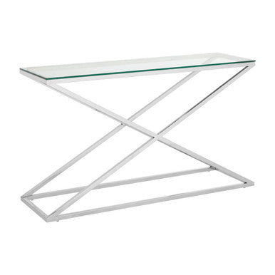 Clear Tempered Glass Top Console Table with Stainless Steel Criss Cross Base | Montril