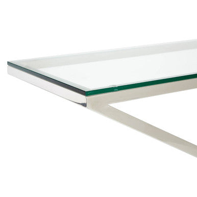 Clear Tempered Glass Top Console Table with Stainless Steel Criss Cross Base | Montril