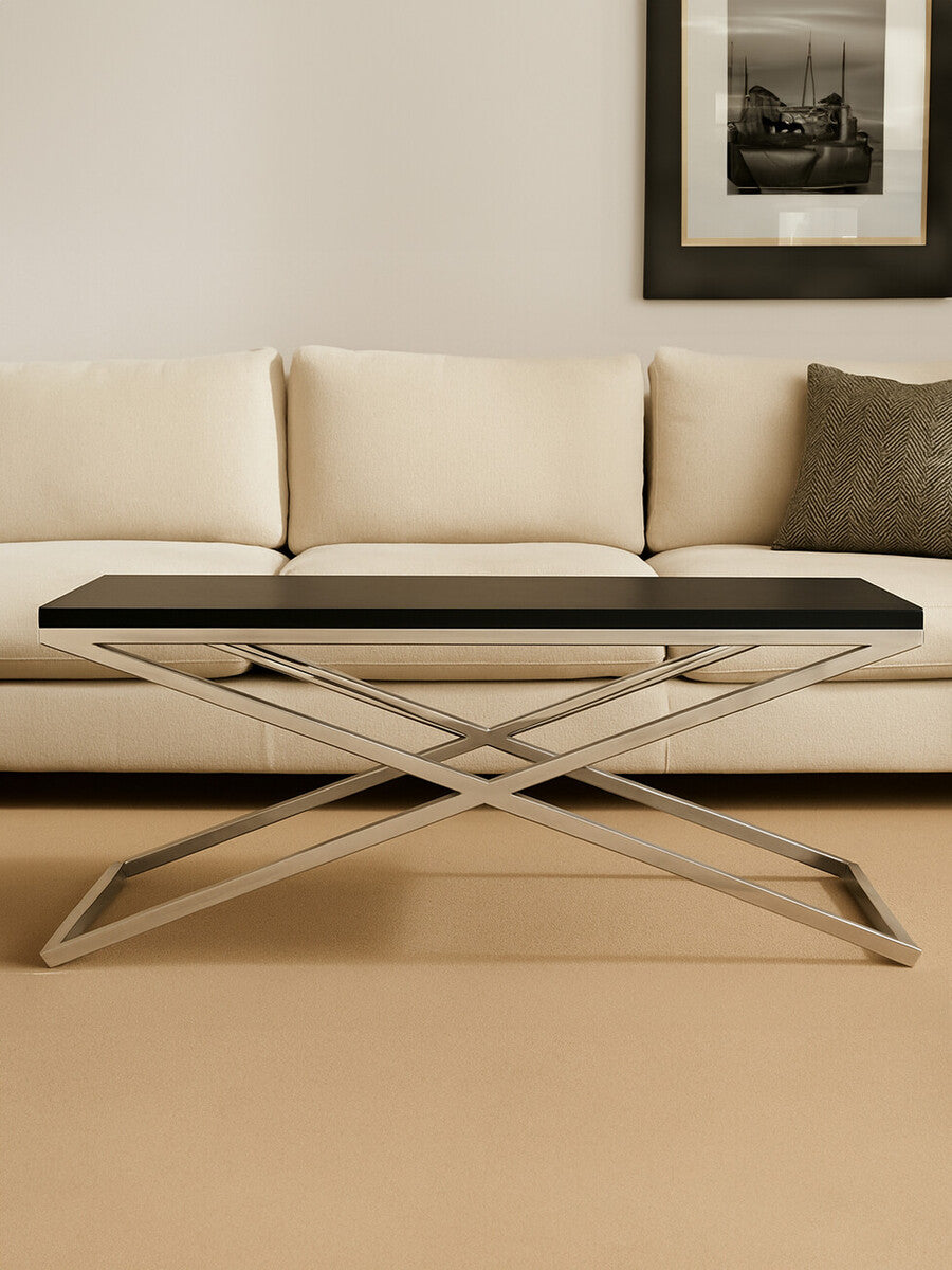 Black Leather Effect Rectangular Coffee Table with Cross Frame Design | Tribute