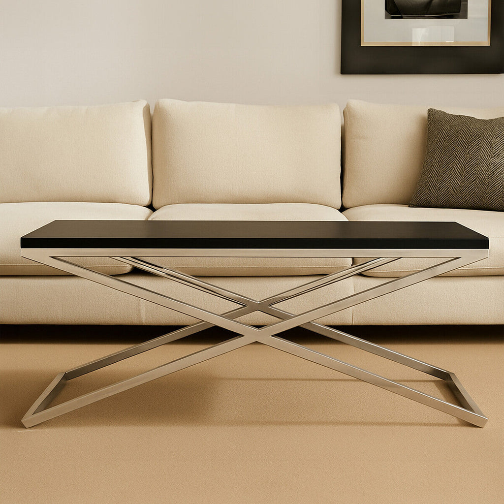 Black Leather Effect Rectangular Coffee Table with Cross Frame Design | Tribute