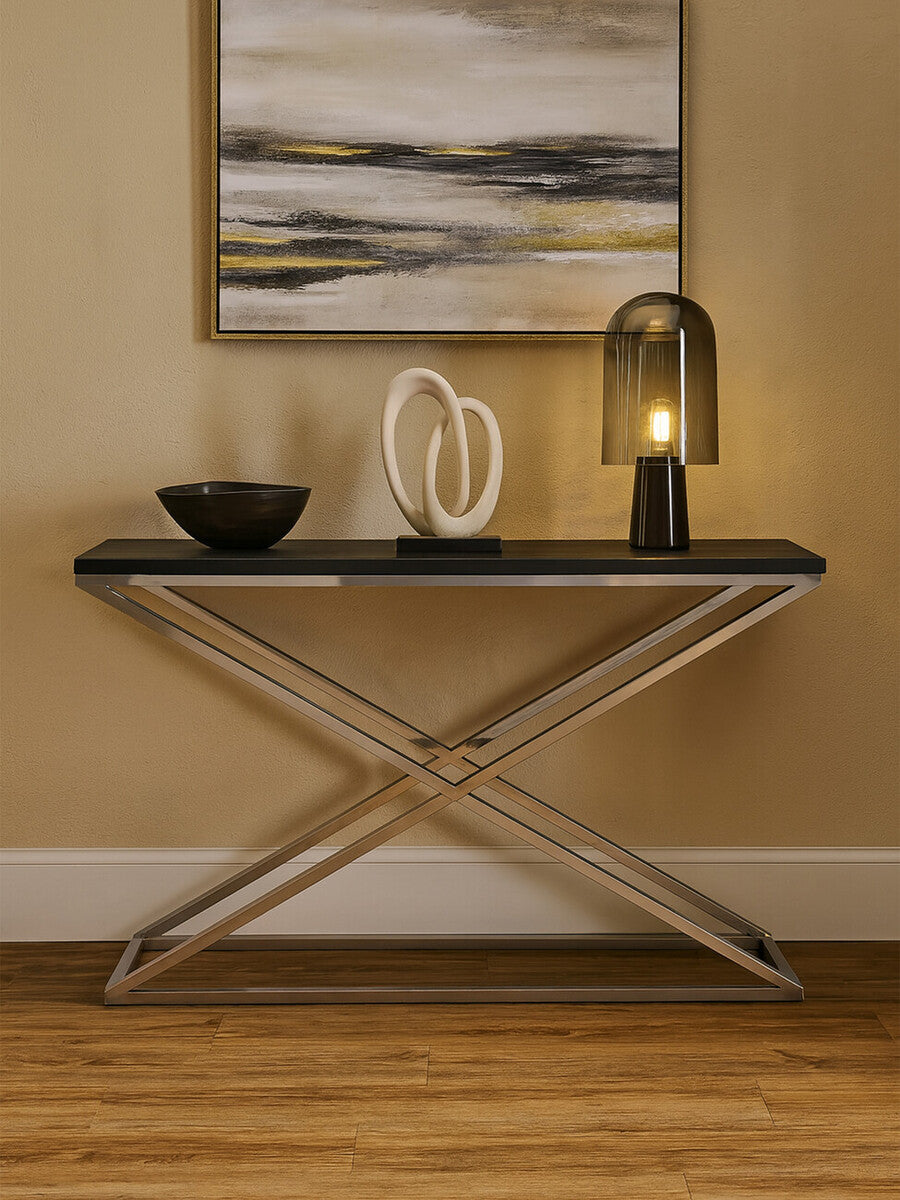 Black Leather Effect Console Table with Cross Design | Tribute