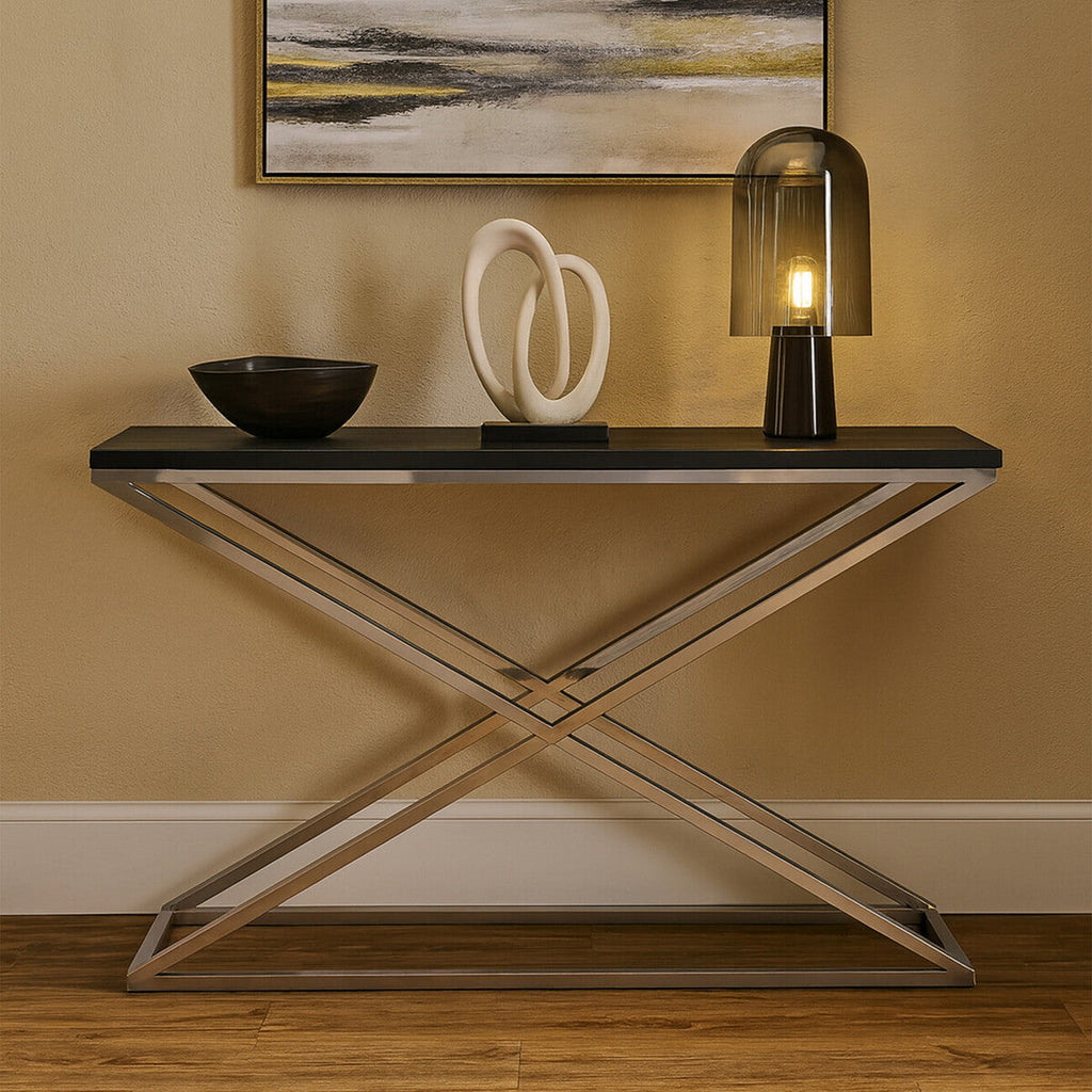 Black Leather Effect Console Table with Cross Design | Tribute