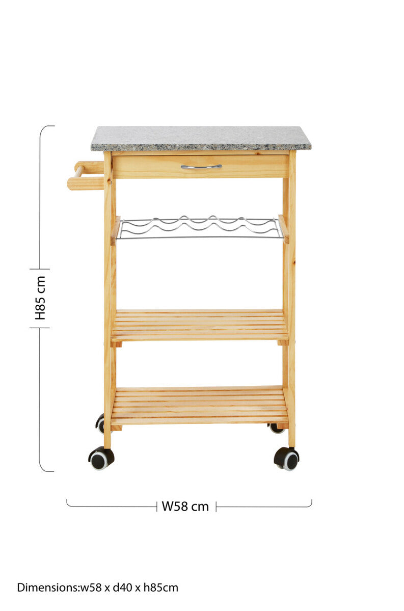 Large Pinewood Kitchen Trolley with Granite Surface Glenn | Harlow