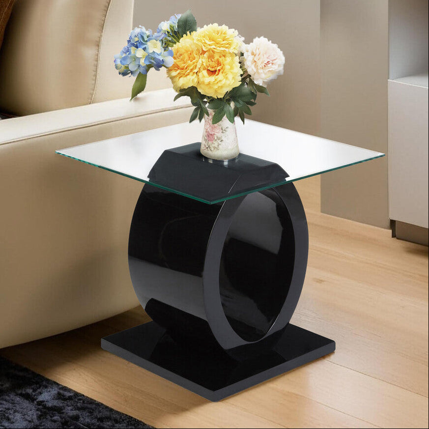 Tempered Glass Top O-Shaped Side Table with Black MDF Base, Halo
