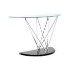 Tempered Glass Top Half Moon Console Table with Cross Chrome Metal Legs and Black Wooden Base | Halo