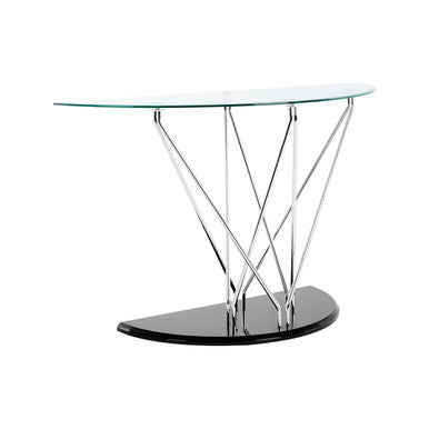 Tempered Glass Top Half Moon Console Table with Cross Chrome Metal Legs and Black Wooden Base | Halo