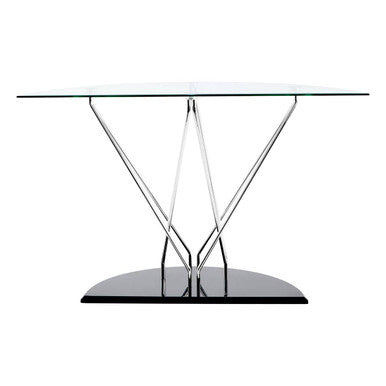 Tempered Glass Top Half Moon Console Table with Cross Chrome Metal Legs and Black Wooden Base | Halo