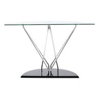 Tempered Glass Top Half Moon Console Table with Cross Chrome Metal Legs and Black Wooden Base | Halo