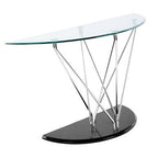 Tempered Glass Top Half Moon Console Table with Cross Chrome Metal Legs and Black Wooden Base | Halo