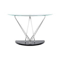 Tempered Glass Top Half Moon Console Table with Cross Chrome Metal Legs and Black Wooden Base | Halo