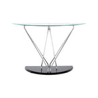 Tempered Glass Top Half Moon Console Table with Cross Chrome Metal Legs and Black Wooden Base | Halo