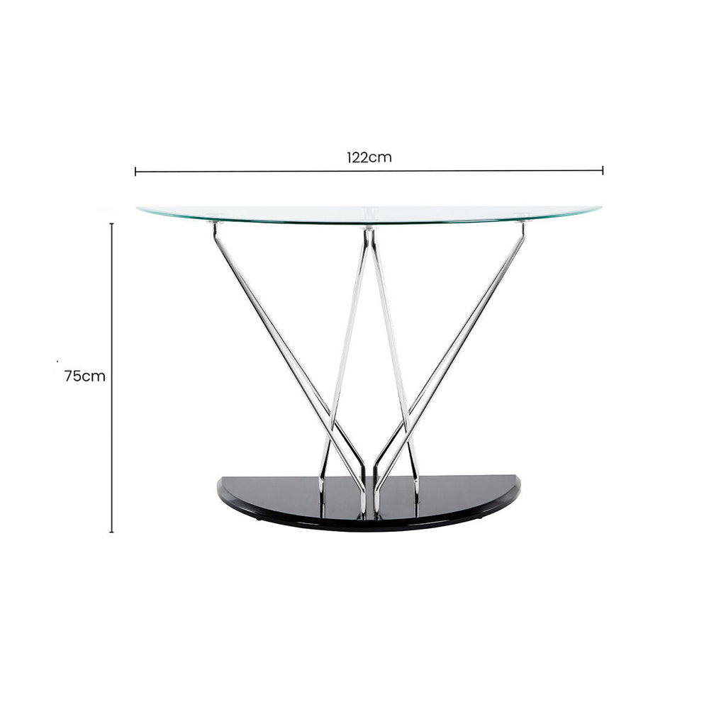 Tempered Glass Top Half Moon Console Table with Cross Chrome Metal Legs and Black Wooden Base | Halo