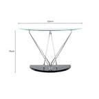 Tempered Glass Top Half Moon Console Table with Cross Chrome Metal Legs and Black Wooden Base | Halo