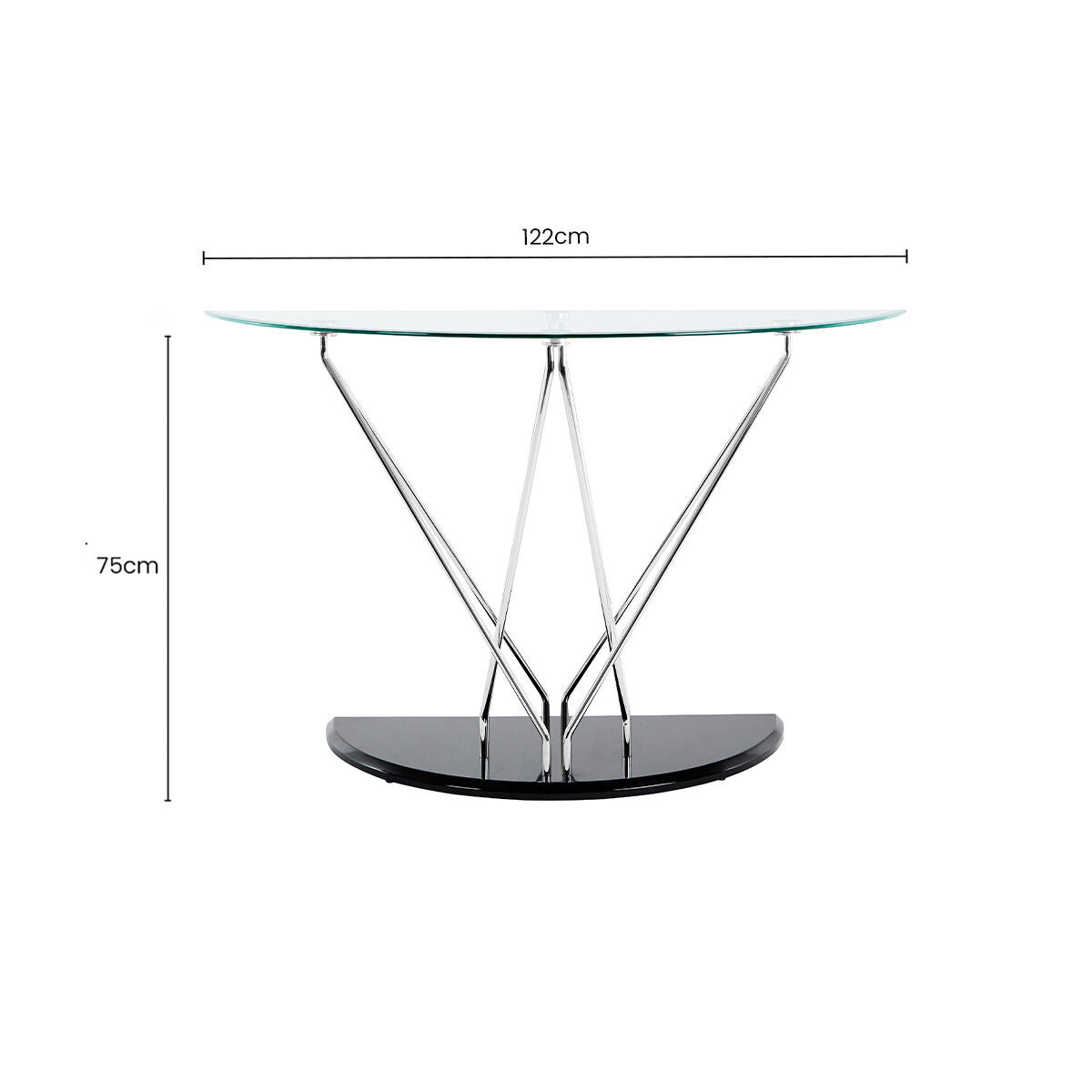 Tempered Glass Top Half Moon Console Table with Cross Chrome Metal Legs and Black Wooden Base | Halo