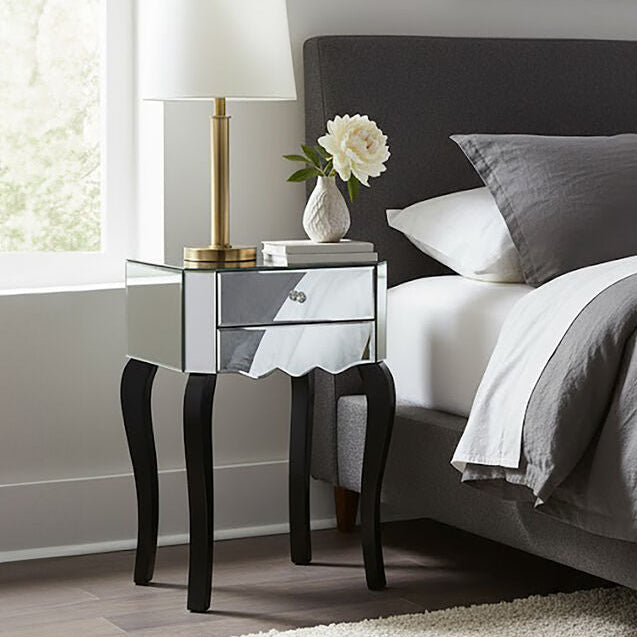 2 Drawer Mirrored Glass Side Top Bedside Table with MDF Base, Orchid