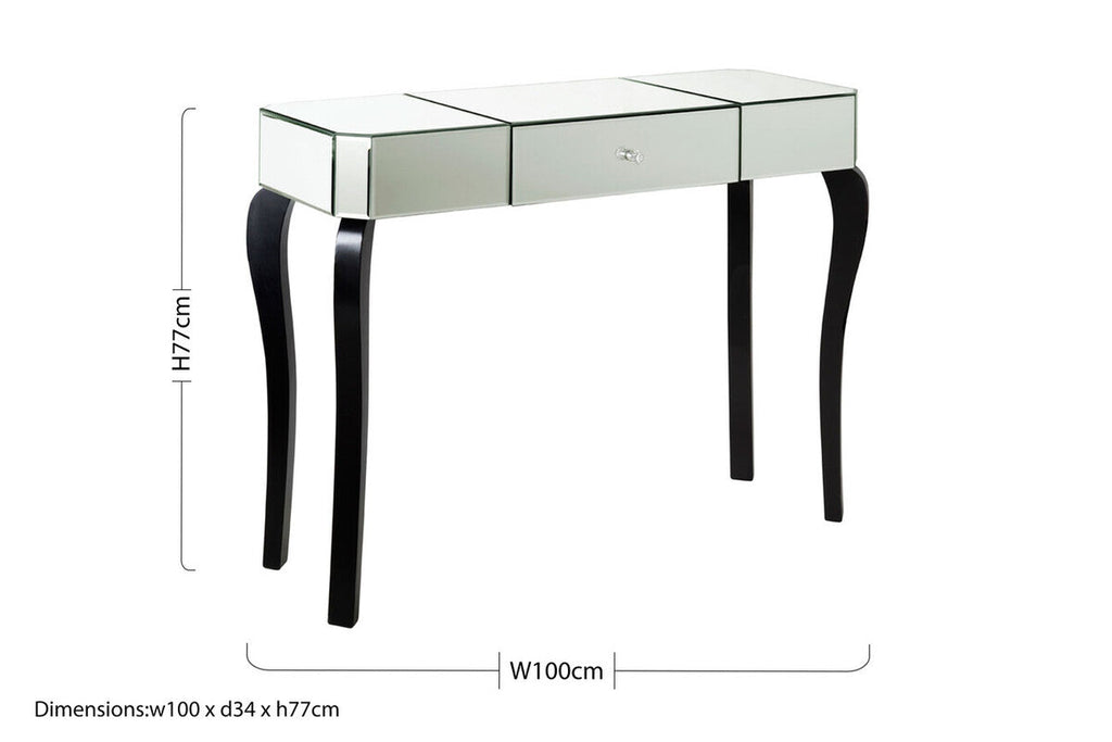 Mirrored Finish 1-Drawer Console Table with Bevelled Edge and Black Wooden Legs | Orchid