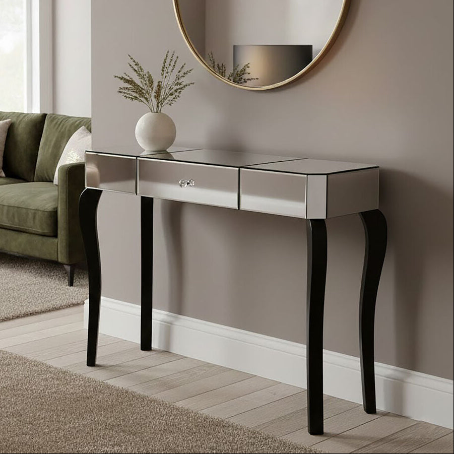 Mirrored Finish 1-Drawer Console Table with Bevelled Edge and Black Wooden Legs | Orchid