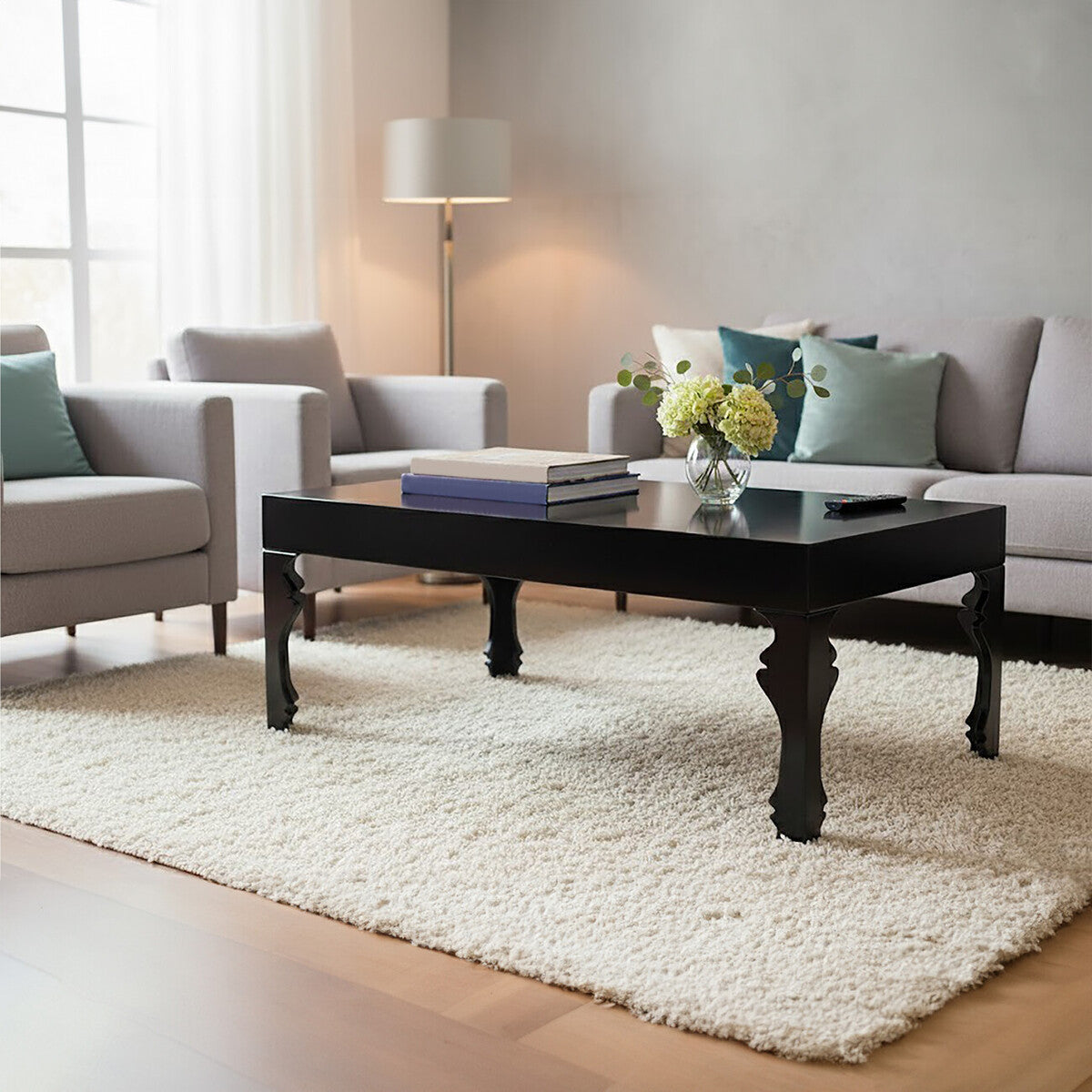 Black High Gloss Wooden Coffee Table with Stately Shaped Legs, Luis