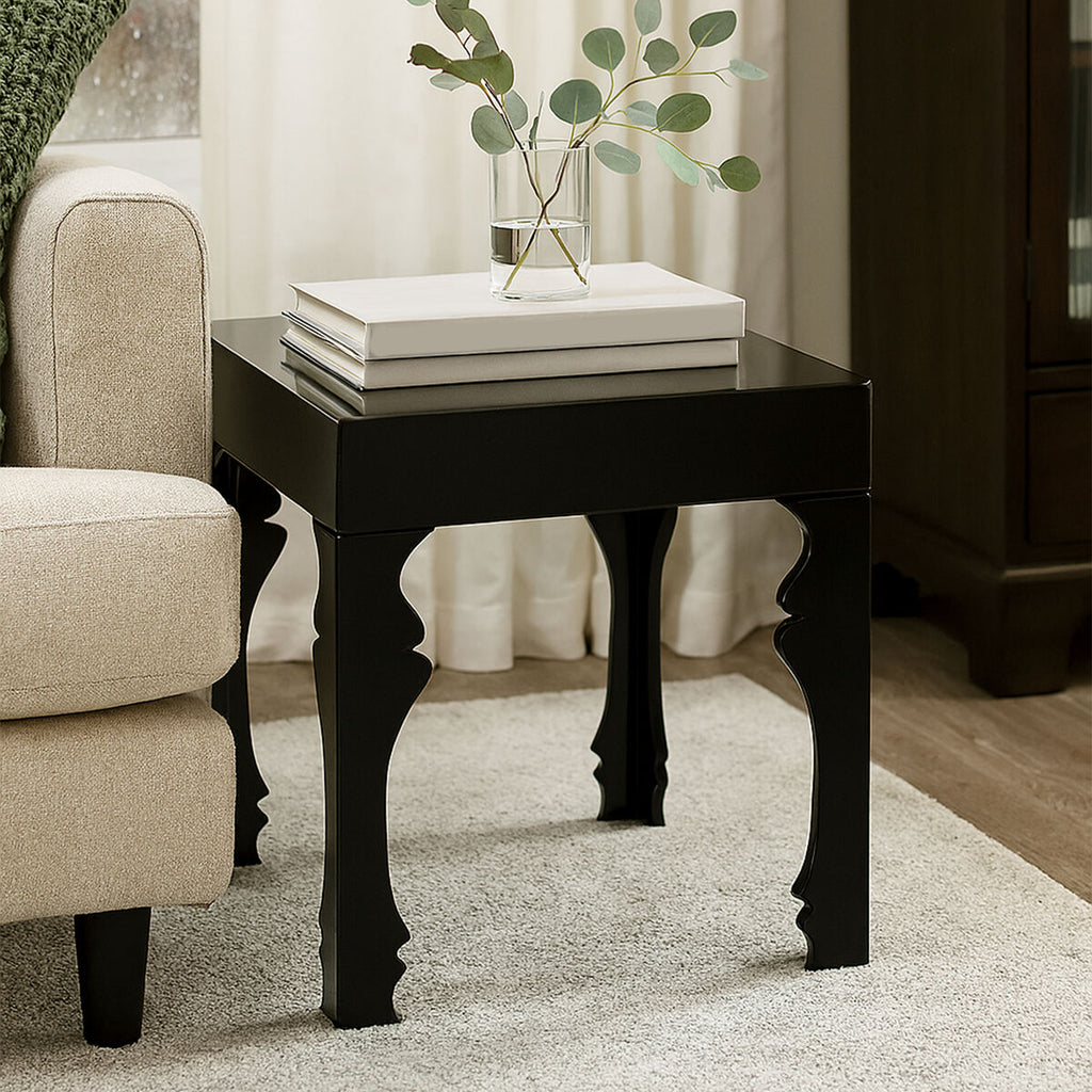 Black High Gloss MDF Side Table with Decorative Shaped Curved Legs | Luis