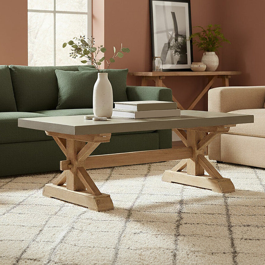 Grey Finish Top Traditional Wooden Coffee Table with Natural Wood Base | Pompeii
